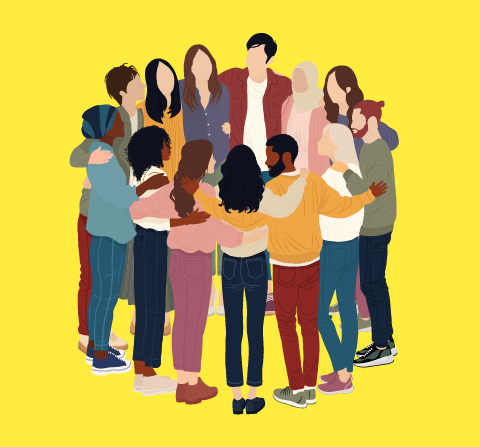 diverse group of people standing together embracing on a yellow background warm community connection 1 unity friendship