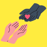 two hands giving and receiving a heart symbol on a yellow background representing love and connection with 13 important values