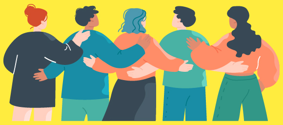 five people standing together with embrace on yellow background community support bonding team of six