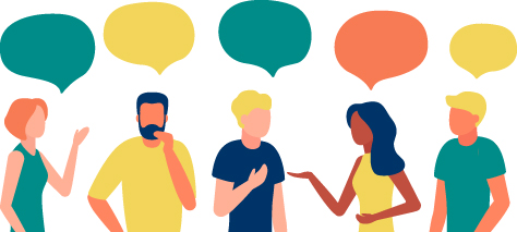 five diverse people engaged in conversation with colorful speech bubbles representing two-way communication