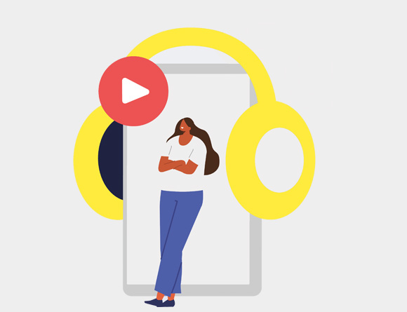 illustration of a woman standing next to a smartphone wearing large headphones representing music and video content with a play button showcasing digital trends 6 tips for better engagement