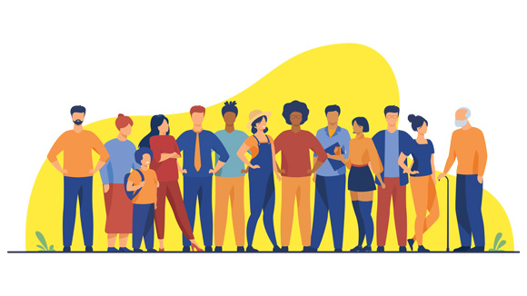 diverse group of people standing together in colorful clothing with a yellow background representing community and togetherness in two generations